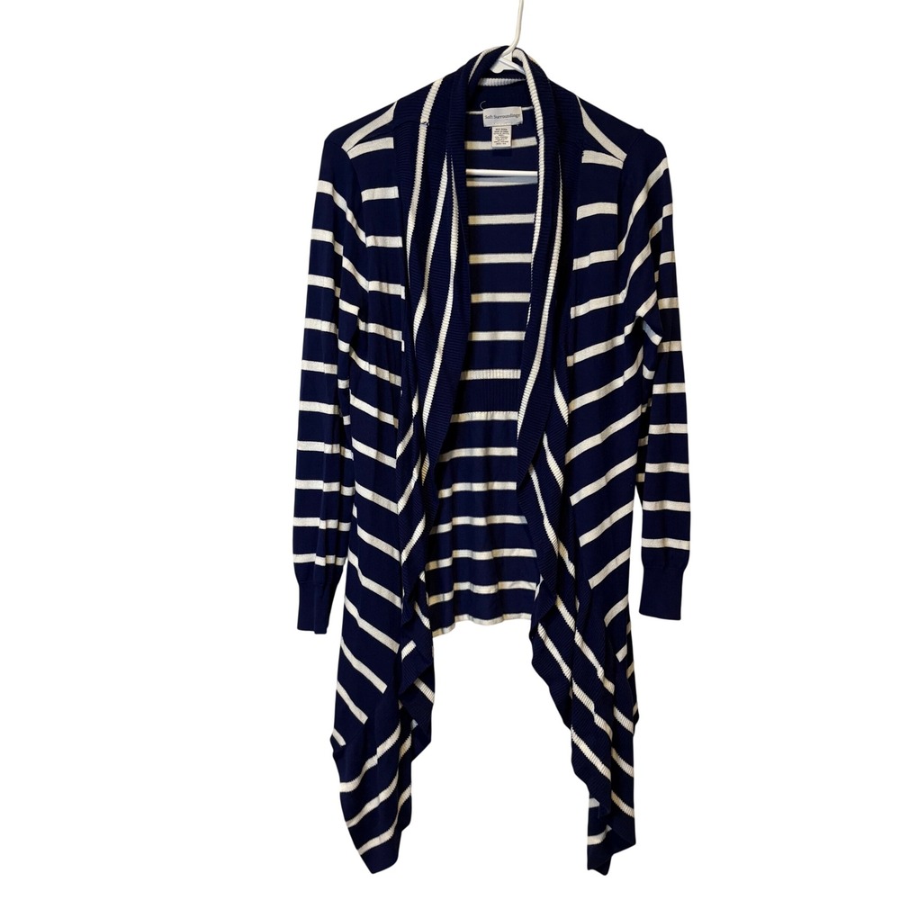 Soft‎ Surroundings Navy White Stripe Waterfall Ruffle Cardigan Sweater XS